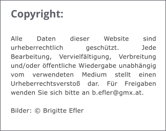 Copyright:  Alle Daten dieser Website sind urheberrechtlich geschtzt. Jede Bearbeitung, Vervielfltigung, Verbreitung und/oder ffentliche Wiedergabe unabhngig vom verwendeten Medium stellt einen Urheberrechtsversto dar. Fr Freigaben wenden Sie sich bitte an b.efler@gmx.at.  Bilder:  Brigitte Efler